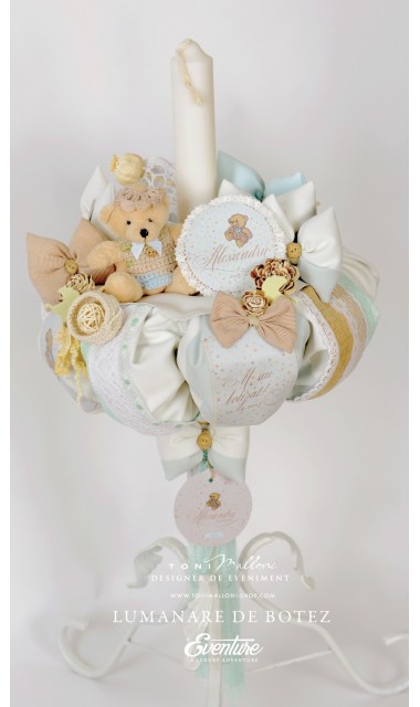 Lumanare de botez pentru baieti cu ursuleti si stelute aurii, 65x4cm, Tiny Teddy Bear 3